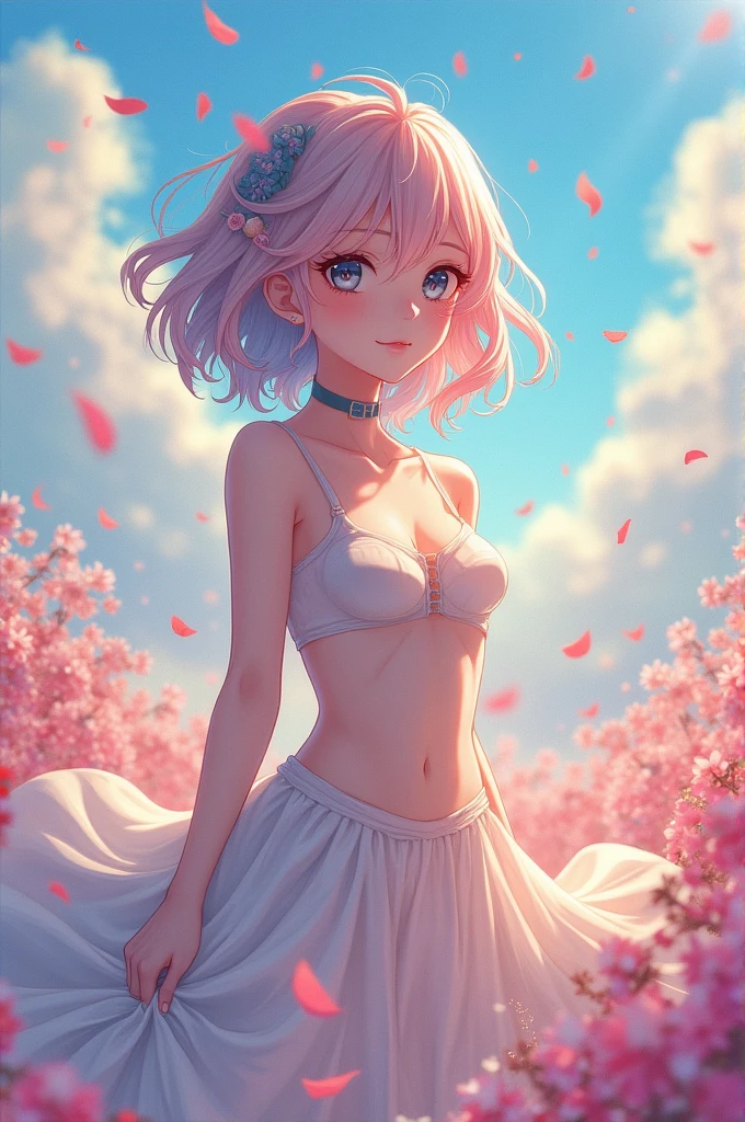 Realistic, Hyper Detail, Girls Only, Layered Bob, Dynamic Lighting, (((Bold imaginative poses)), (Glossy skin: 1.5), Masterpiece, Top Quality, Absurdity, Watching Viewer, (Blonde and Pink Hair), Purple Clear Eyes, blush,eyes wide,Slender, High Resolution, Sharp Focus, Depth of Field, Detail Eyes, Sharp Eyes, ((Realistic Eyes)), (Medium: 1.4), Outdoor, Sunrise sky, many white hydrangeas, (Mekoji: 1.2)), ((Flashy lace underwear with attractive delicate design: 1.3))
