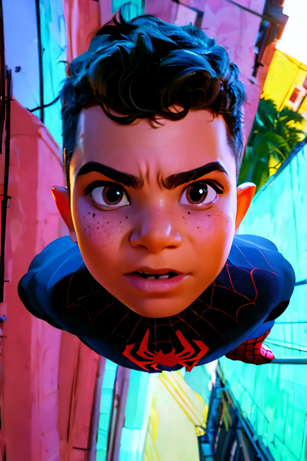 Close-up face, Thoe, ((a boy, 6)), Marvel Comic Panel Drawing: A boy with black eyes, in Dynamic pose, short black hair, spiderman suit in a city with a fixed gaze . ((Over a building, abstract comic background))