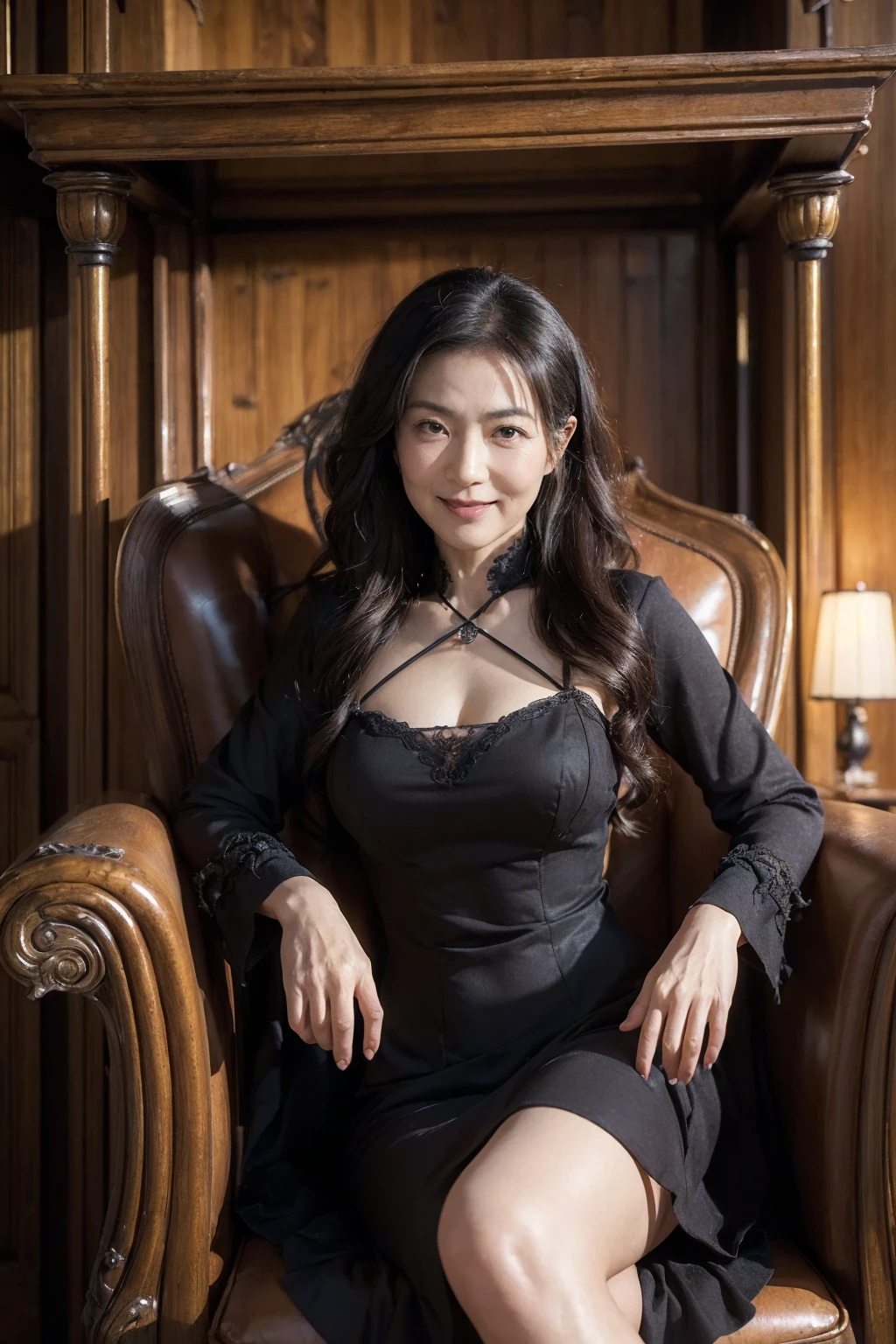 ((Best Quality)), ((8k)), ((masterpiece: 1.3)), (Perfect appearance), (Photorealism: 1.6), (JMA), (WHO), (Genuine:1.4), (A Japanese mature woman sitting on a chair), Perfect Anatomy, (6), Curly Long Hair, A calm, smiling face, (Gothic Sexy Dress), (Antique armchair), (Medieval Western-style house),