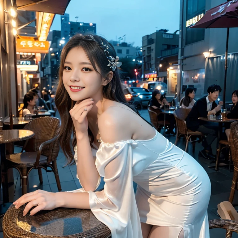 (A beautiful young woman sitting in a Outdoor cafe Seoul, wearing a gorgeous white silky long dress, looking at the viewer with a smile. The scene is highly detailed, with a realistic and cinematic style, featuring soft lighting, perfect anatomy, and a slender sexy figure. Her face is highly detailed and beautiful. High heels shoes. The background shows the city lights at night and an outdoor scene, creating a relaxing and atmospheric environment. Cowboy shot. Bokeh, head to toe, cross legs,)