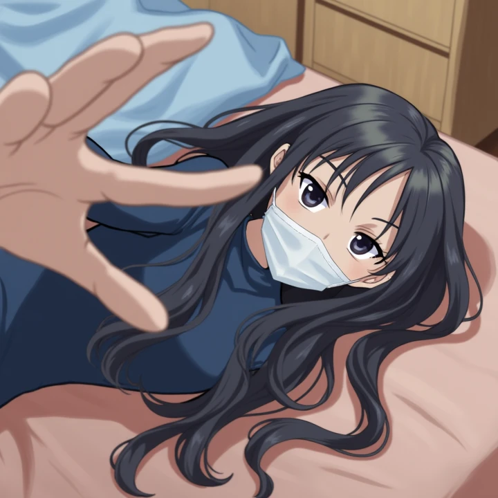 A teenage anime girl sitting on a chair with her hands and feet tied and gagged with gray tape. Her hair is brown, her eyes are blue, she is wearing a red shirt, a blue skirt, and long white socks. She has a mark of embarrassment on her cheeks and she is crying.