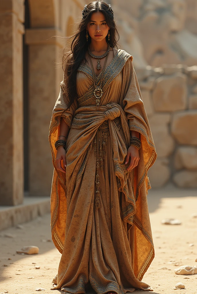Beautiful ancient Persian woman 50 years old in period dress in a street of Babylon, on foot, jewels, collier 2/3 face, Earrings,