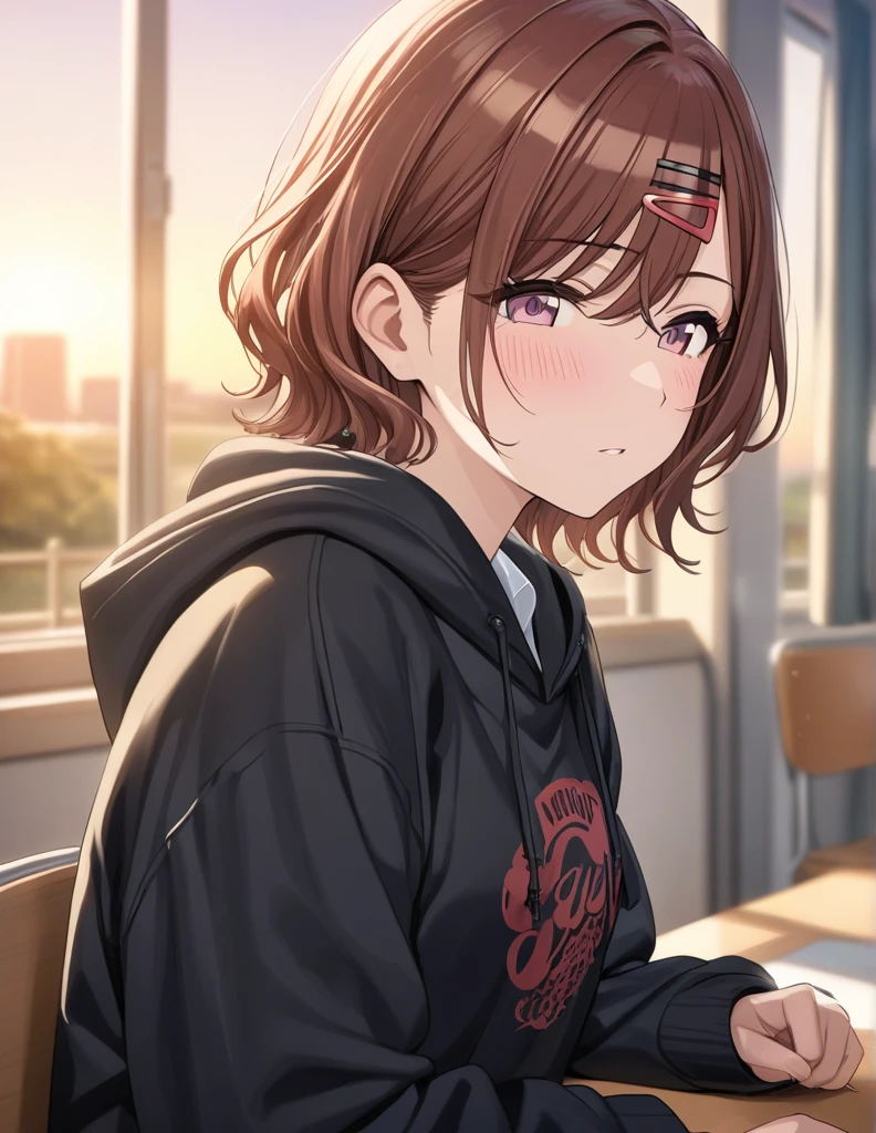 (masterpiece),(Highest quality),(Very detailed),(Best illustrations),(Best Shadow),(Absurd),(Detailed Background),(so beautiful), 4K, 32K,
Official Style,

Higuchi Madoka,
short hair, brown hair, purple eyes, hair clip,

the idolmaster shiny colors,
full-face blush,
torogao,

school uniform, (black hoodie:1.2),

alone,
Japan,
classroom,
evening,
Sunset,
Background Blur, 
focus on face,
realistic skin,