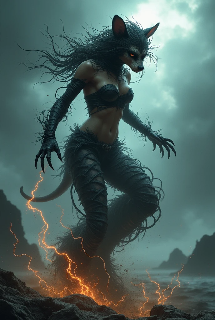 score_9, score_8_up, score_7_up, A human female turning into anthro werewolf, concept art, by darkgem, hi res, masterpiece, absurd res, 2023, extreme detail, transformation, partially human, sitting, dark dungeon, fur, solo, holding head, night ambience, vagina