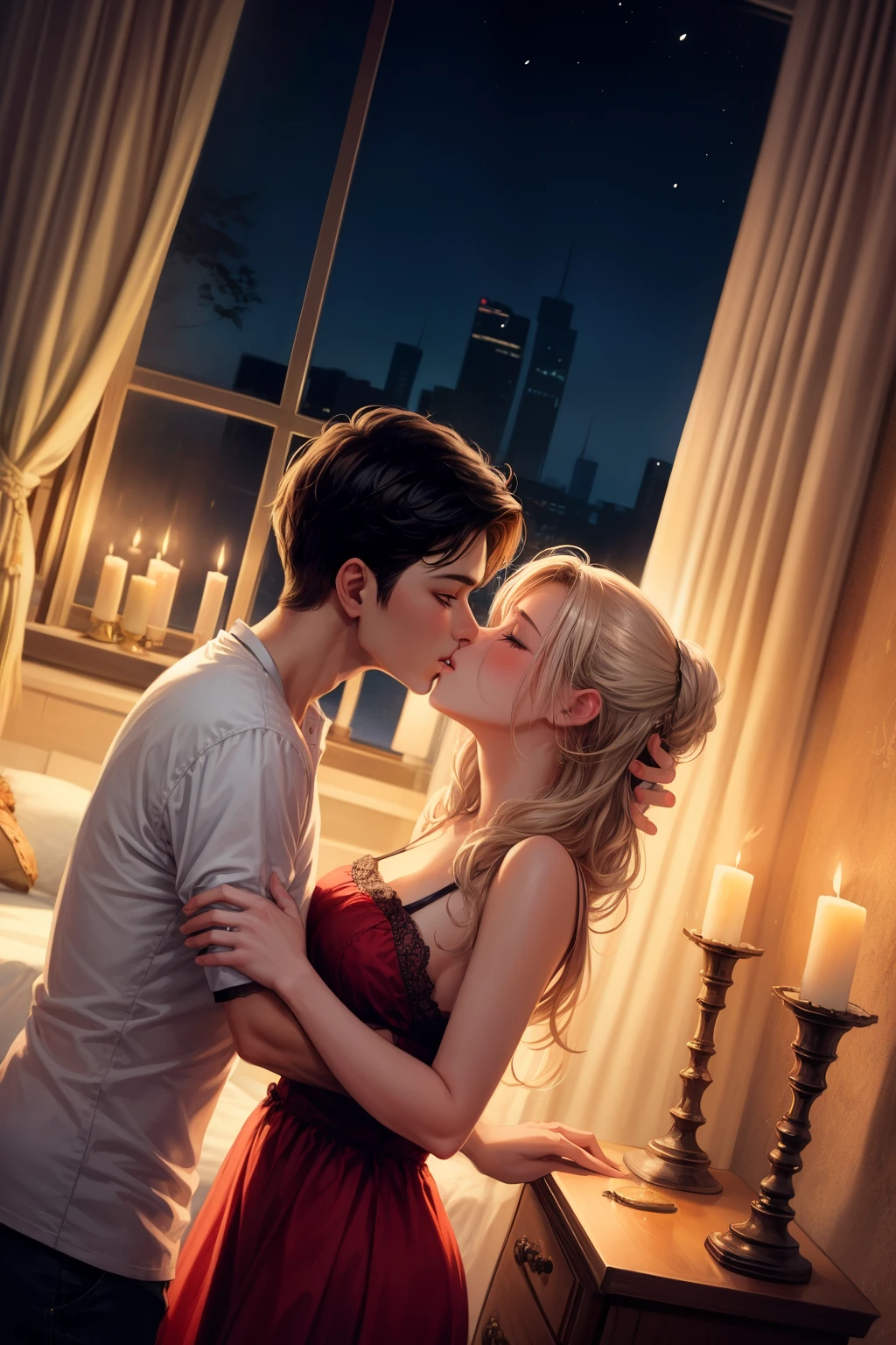 Amazing portrait of a boy and a woman who is a beautiful woman kissing each other with passion in a bedroom which is a bright room with candles lit during night time,