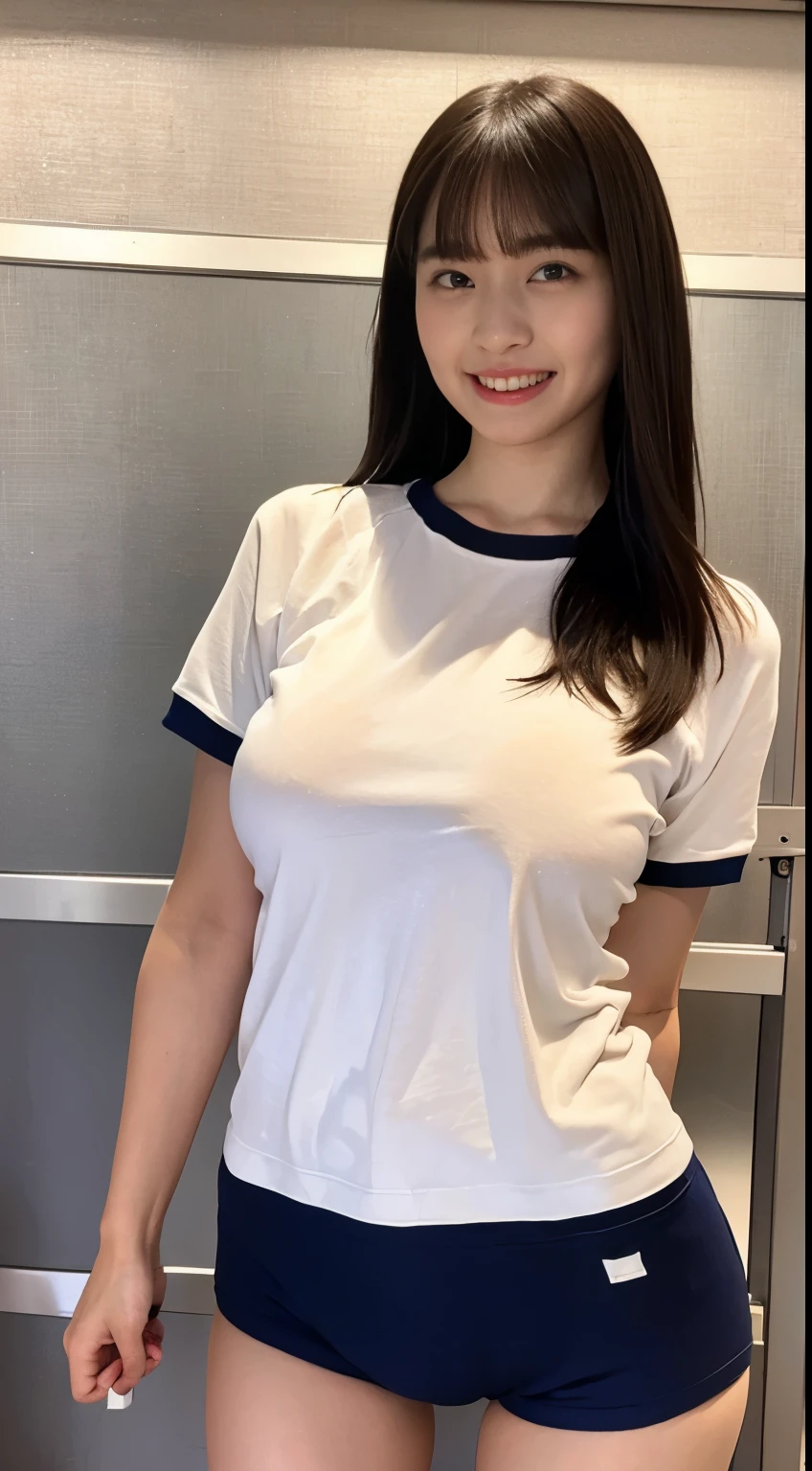 alone、high school girl、White skin、Natural Makeup、Black Hair、bangs、Straight Long Hair、(((White short-sleeved t-shirt on the upper body)))、((Long white gym clothes))、(((Very tight bloomerid rise bloomers)))、(((Navy Bloomer)))、(((Tuck the bottom of your gym clothes into your bloomers)))、Big Breasts、Big Ass、(((Schoolyard)))、((Realistic fingers))、((Perfect Style))、((Realistic body shape))、(((upright)))