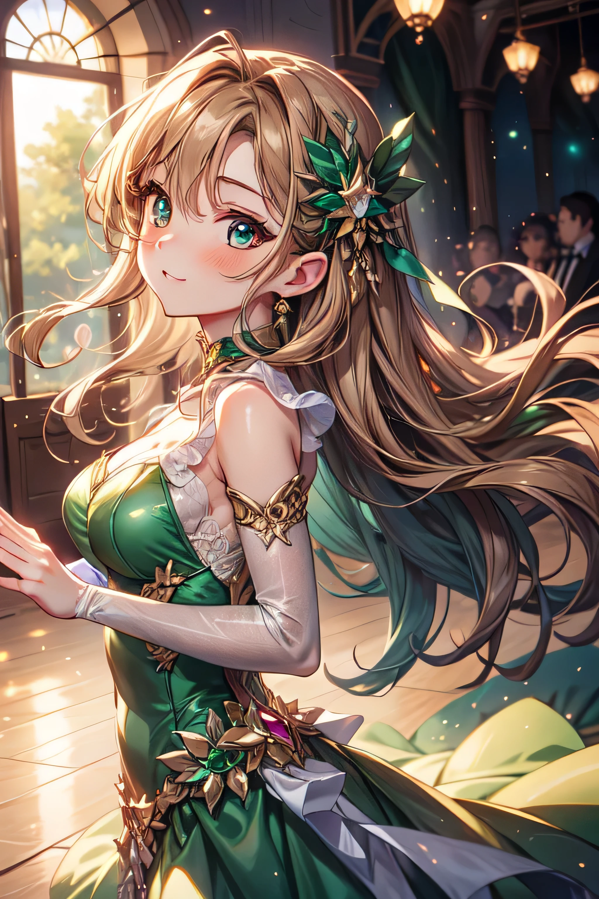 anime style, A stunningly beautiful cute girl with long light Brown hair and Emerald-Green-colored eyes， wearing a prom dress， at a bright dancing hall