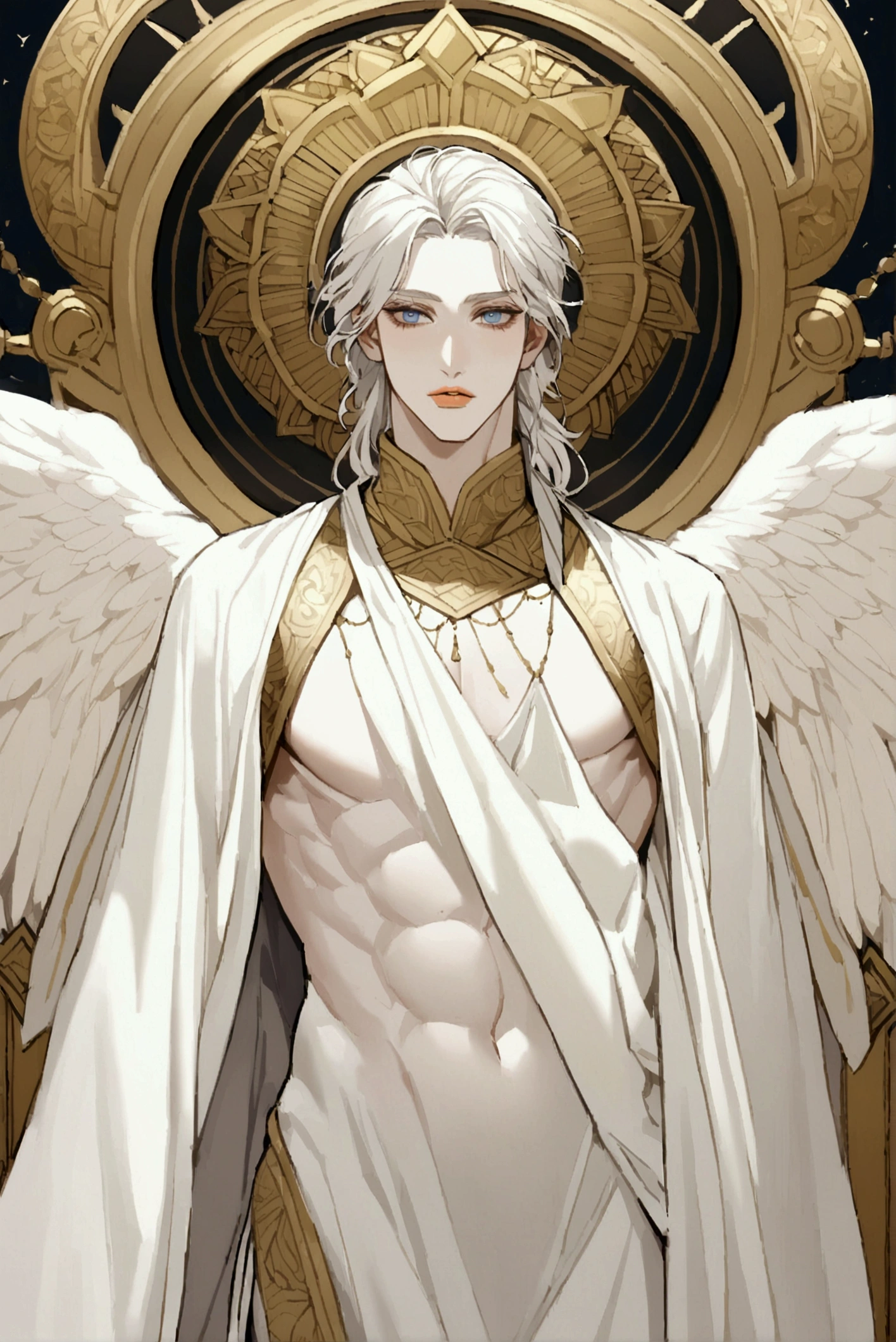 handsome male,male focus,muscular,shirtless,big eyes,<lora:AIBlessedTech-20:1>,blessedtech,blessed,aura,trench coat