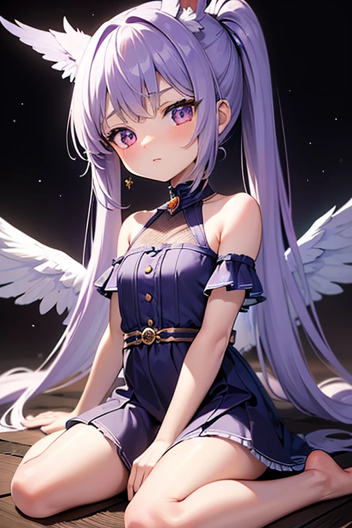 (masterpiece,best quality,ultra-detailed), a 10-years old calm anime angel. She has lavender long hair with straight bangs and high ponytails, periwinkle calm eyes, eurasian eagle-owl ears and wings, wearing a magic girl regalia, barefoot, sitting down in a calm pose, in w pose, calmly looking at the viewer