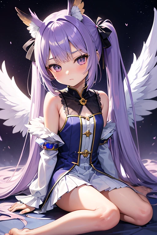 (masterpiece,best quality,ultra-detailed), a 10-years old calm anime angel. She has lavender long hair with straight bangs and high ponytails, periwinkle calm eyes, eurasian eagle-owl ears and wings, wearing a magic girl regalia, barefoot, sitting down in a calm pose, in w pose, calmly looking at the viewer