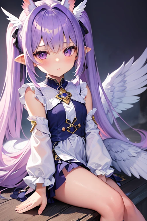 (masterpiece,best quality,ultra-detailed), a 10-years old calm anime angel. She has lavender long hair with straight bangs and high ponytails, periwinkle calm eyes, eurasian eagle-owl ears and wings, wearing a magic girl regalia, barefoot, sitting down in a calm pose, in w pose, calmly looking at the viewer