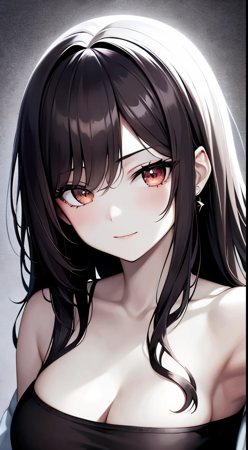 masterpiece, best quality, HD, 4K, Ultra-high resolution, Extreme Detail, Super detailed,beautiful eyes, beautiful hair, Beautiful side, beautiful skin, Kurumi, black hair, red eyes, bangs covering the left eye,long hair, big breasts, see-through nightgowns,lying on your back, ahegao, blush, Charming smile, Close-up, bed