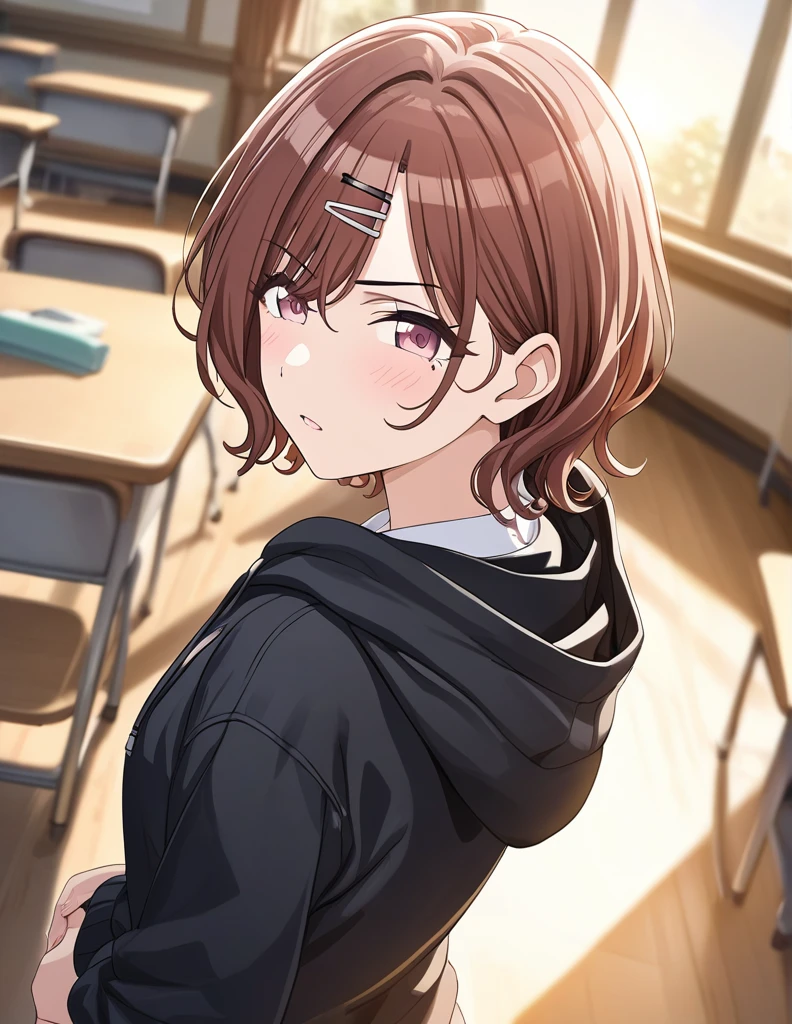 (masterpiece),(Highest quality),(Very detailed),(Best illustrations),(Best Shadow),(Absurd),(Detailed Background),(so beautiful), 4K, 32K,
Official Style,

Higuchi Madoka,
short hair, brown hair, purple eyes, hair clip,

the idolmaster shiny colors,
blush,
angry,

school uniform, (black hoodie:1.2),

alone,
Japan,
classroom,
evening,
Sunset,
Background Blur, 
focus on face,
realistic skin,