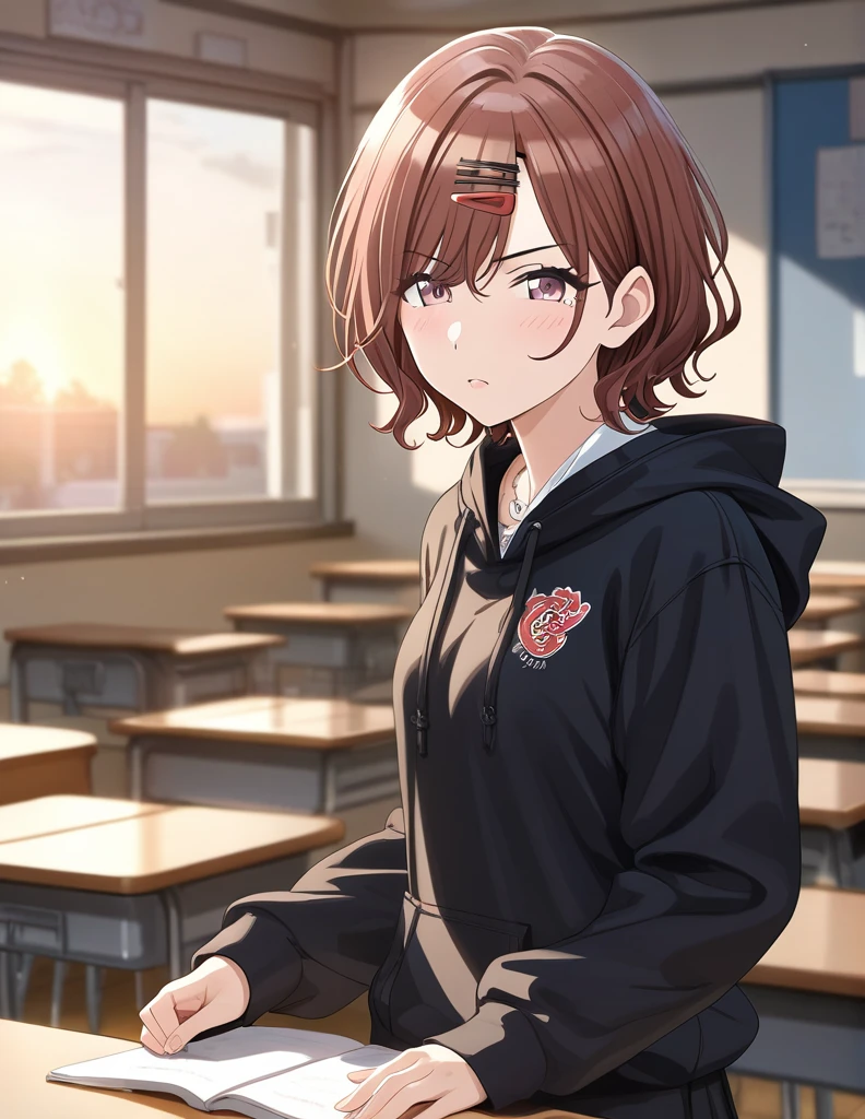 (masterpiece),(Highest quality),(Very detailed),(Best illustrations),(Best Shadow),(Absurd),(Detailed Background),(so beautiful), 4K, 32K,
Official Style,

Higuchi Madoka,
short hair, brown hair, purple eyes, hair clip,

the idolmaster shiny colors,
blush,
angry,

school uniform, (black hoodie:1.2),

alone,
Japan,
classroom,
evening,
Sunset,
Background Blur, 
focus on face,
realistic skin,