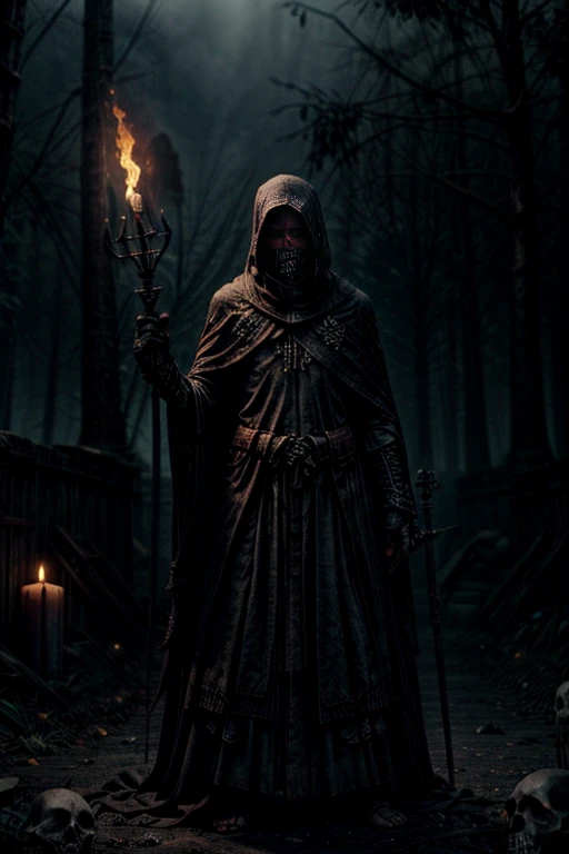 high focus angle, Ancient necromancer, skeletal visage, tattered cloak, staff adorned with skulls, summoning undead minions from the ground, dark energy crackling in the air, ultra realistic, hyper detailed, hdr, 4k, dark river, misty ambiance, mistycal