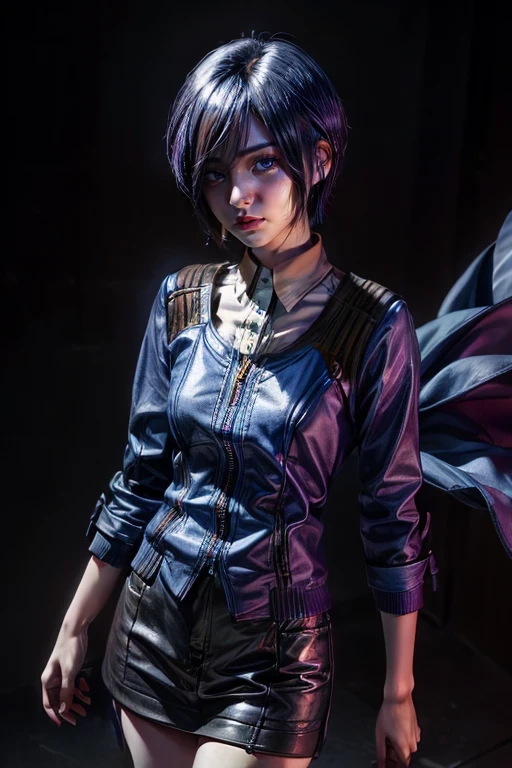 Touka Kirishima, Tokyo Ghoul, blue-violet eyes, blue-violet hair, beautiful and calm facial features, short hair covering the left side of her face,