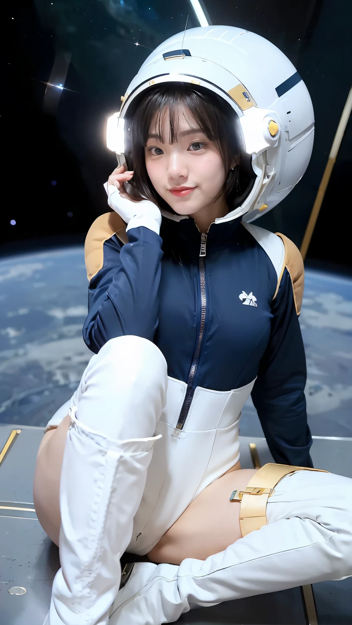 (masterpiece、highest quality、highest resolution、clear_image、Detailed details): (full body figure、 girl、Japanese face、small face、thin、navy blue super short bob cut hair、blue colored eyes、((navy long sleeve space suit、space helmet))、headset、cosmic handbag、cute type、gentle smile、soft expression、headset、(((knee high boots)))、gloves up to the elbow、eye level shot、face directly、woman on a spaceship), (((camel toe))), ((Pure white leotard))