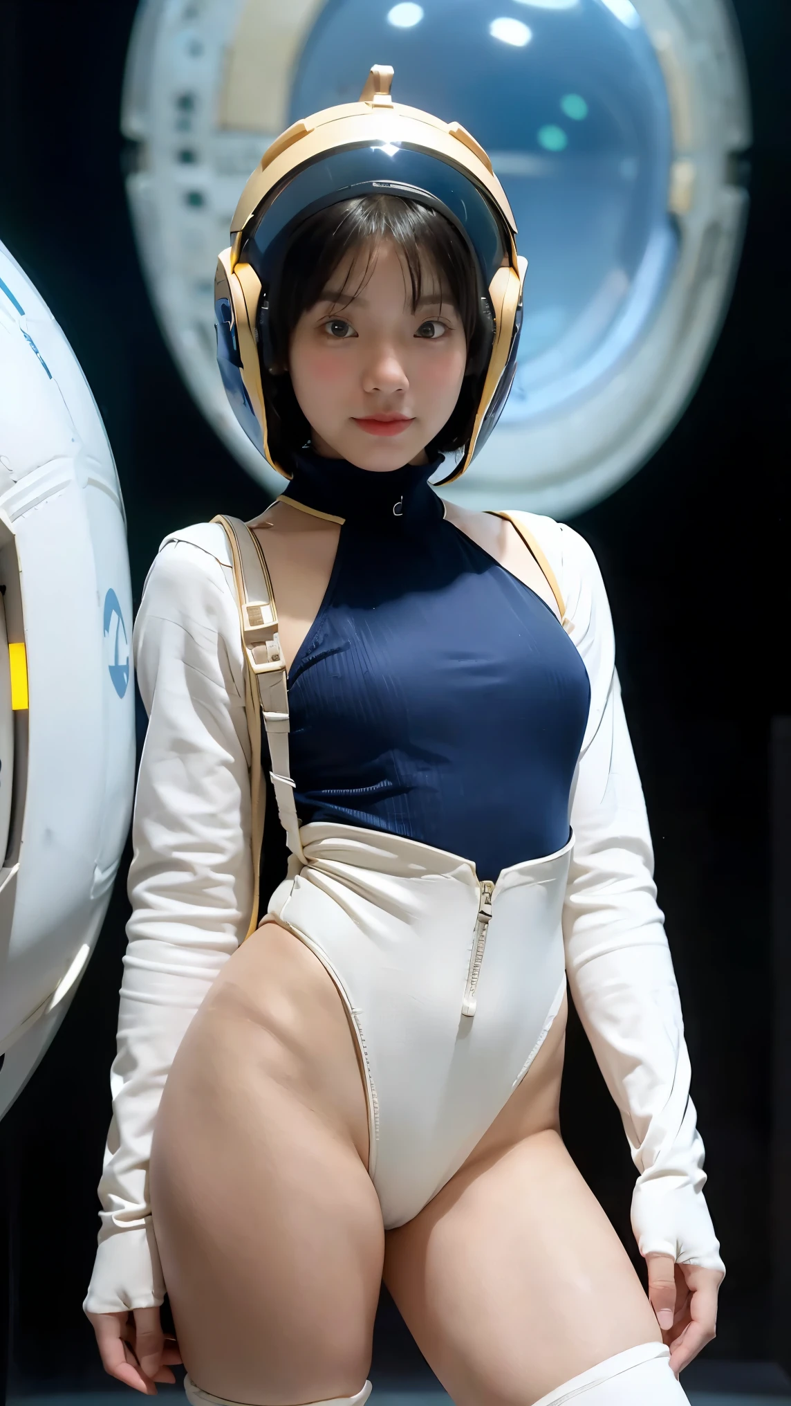 (masterpiece、highest quality、highest resolution、clear_image、Detailed details): (full body figure、 girl、Japanese face、small face、thin、navy blue super short bob cut hair、blue colored eyes、((navy long sleeve space suit、space helmet))、headset、cosmic handbag、cute type、gentle smile、soft expression、headset、(((knee high boots)))、gloves up to the elbow、eye level shot、face directly、woman on a spaceship), (((camel toe))), ((Pure white leotard))