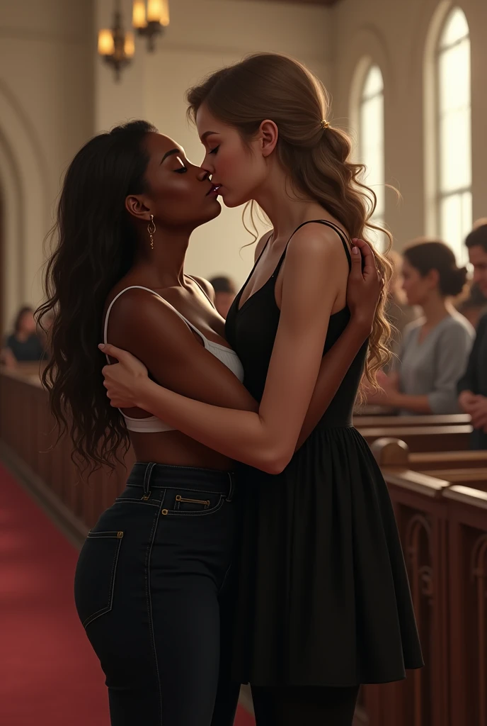 Create a photo of a 30 year old young woman, with long light brown hair tied in a ponytail with strands of hair on the face, slender and beautiful body, wearing jean shorts and an open blue shirt without a bra with bare breasts, with white and clear skin, is facing the camera being hugged and lifted high into the air by two black teenagers, dark-skinned, obese, ugly, low, with short hair who is wearing a blue dress and glasses