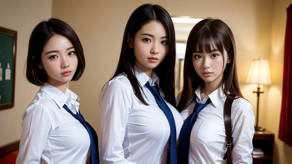 ((super high quality、High resolution、masterpiece、 Anatomically correct、Super detailed photos、Ultra-realistic photos、 Highest quality))、(2girls)、looking at viewer、((portrait))、(from below)、(huge breast)、Small waist、Detailed face、Perfect figure、Three high school girls close together、 Luxury hotel room with night view、Breast enlargement、((group photo))、((school uniform))