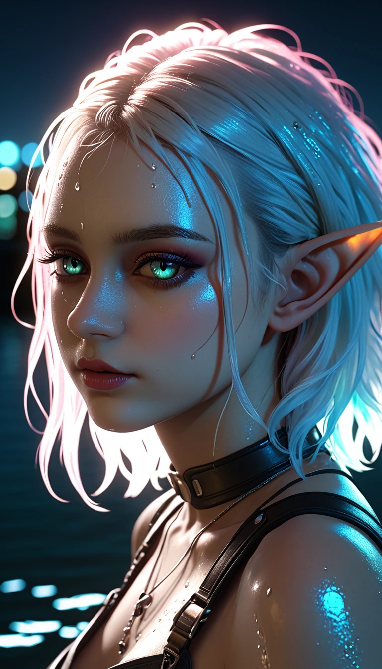 beautiful female elf，Beautiful，moonlight，lake water，wet，transparent，Real light and shadow contrast，Realistic ray tracing，True light falloff，anti-aesthetic style，Poodlepunk, cyberpunk ，Snapshot aesthetic style 