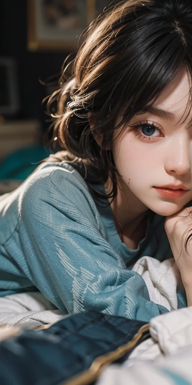 (Best quality, Ultra-detailed, Realistic:1.37), hdr, Vivid colors, Bokeh, 1 girl, Goddess, Lace cheongsam, Lie down in bed, captivatinggaze