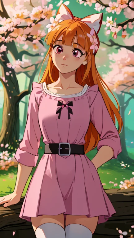 (1girl, solo, (Blossom:1.5)), (extremely detailed CG unit 8k wallpaper),(master part), (best quality), (ultra detail), (best illustration),(tangledadventure style), cowboy shot, (Sharp eyeliner, ombre, detailed eyes:1), forest, outdoors background, ,break,  (digital art), upper body, (orange hair, blunt bangs, pink eyes:1.2), (hair bow, red bow, simple pink dress, simple black belt, white thighhighs:1.2)