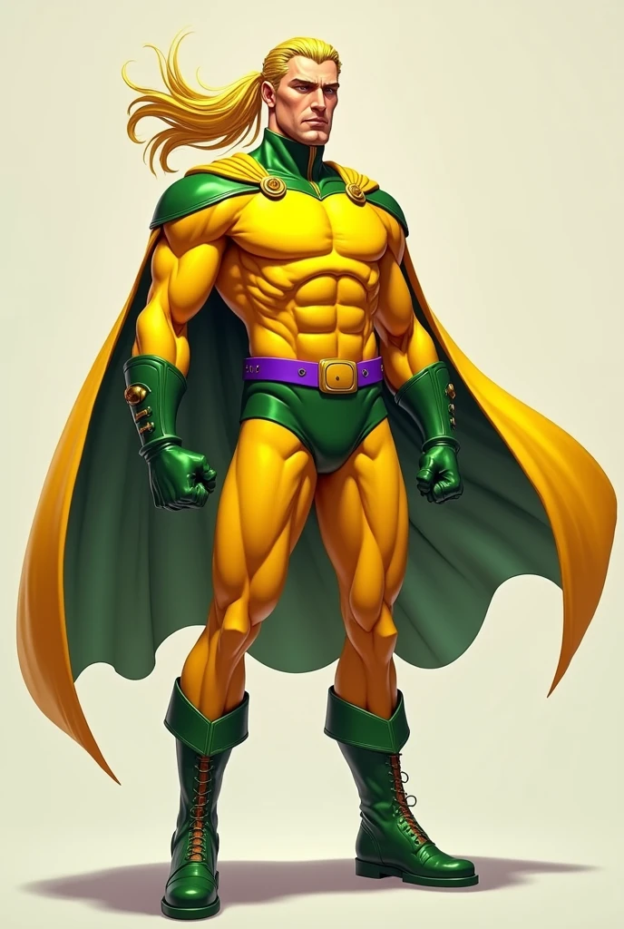 Crea dr doom, calvo, moreno, semi fat and his suit is green and he is young approximately 