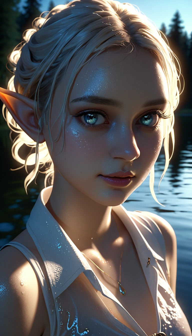 beautiful elf girl，Beautiful，moonlight，lake water，wet，transparent，Real light and shadow contrast，Realistic ray tracing，True light falloff，anti-aesthetic style，Poodlepunk，Snapshot aesthetic style 