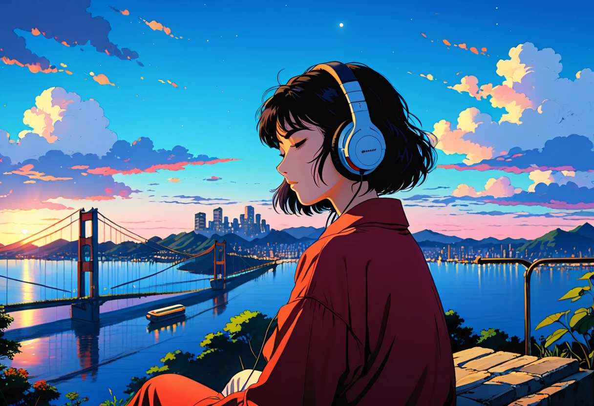 ((Best Quality)),(masterpiece)),(detailed),(Realistic),80s Anime、Wide angle shooting、Long-distance shot、Ghibli style、Lo-fi art style、Nostalgic、Cityscape at dusk、Woman sitting and listening to music、The girl is wearing headphones and has her eyes closed、Beautiful black hair with short hair