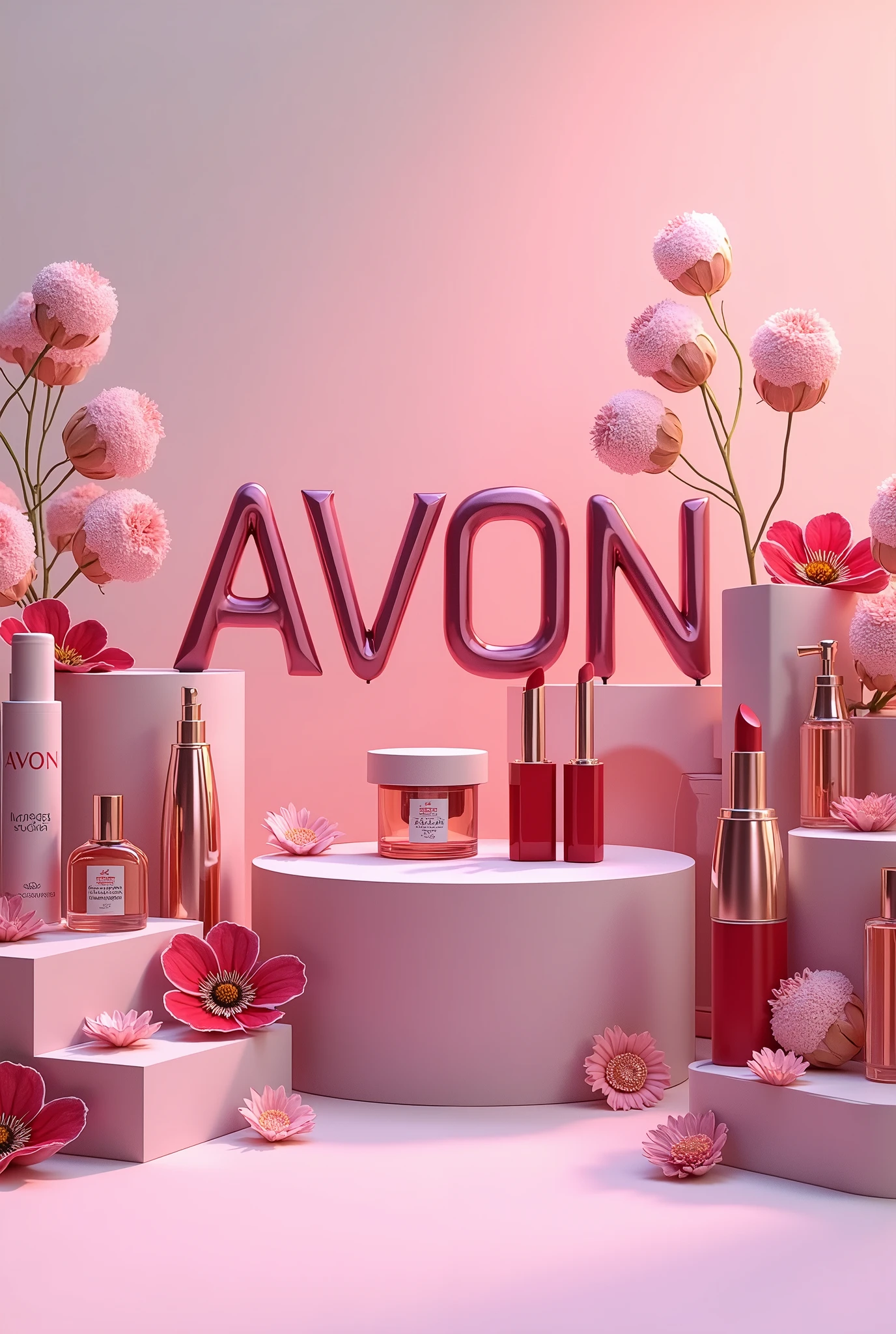 Image of cosmetics with a writing in Spanish DARK PINK that says ROSA COSMETIC AND A WOMAN NEXT TO IT with an original company logo