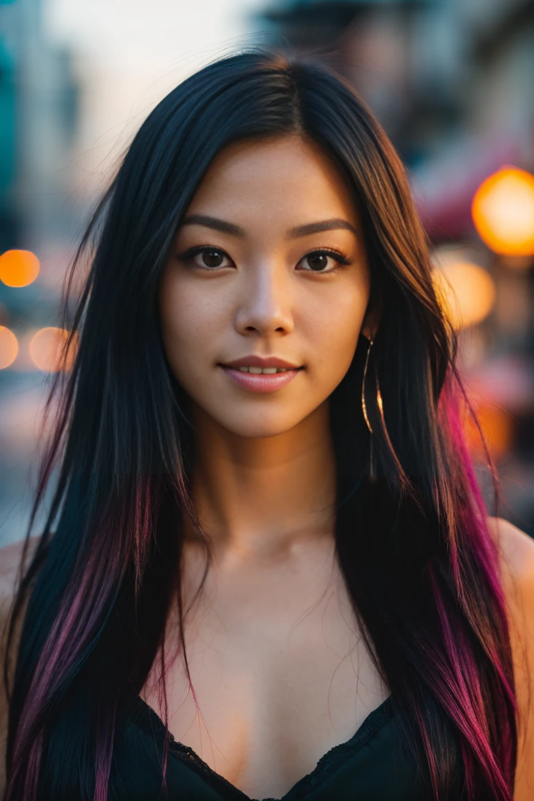 arafed woman with black hair , flowing long black hair, with black hair and purple highlights, photo of a beautiful woman, long flowing pink hair, pink golden hour, curly pink hair, beautiful young asian woman, beautiful woman, wild ginger hair, pink wispy hair, light pink hair, a young woman, an asian woman, infp young woman,(straight half of the torso: 1.4), Portrait photo of a 24-year-old french girl in RAW UHD format (Brown-eyed woman) Details (textures! , Hair! , glistering, Color!! , imperfections: 1.1), highly detailed glossy eyes (looking at the camera), DSLR Lighting, SLR camera, Ultra-Quality, sharpness, Depth of field, Film grain (Downtown), Fujifilm XT3, Crystal clear, Frame Center, beatiful face, sharp-focus, neon lighting, bokeh (dimly lit), day time, (open sky), detailed skin pores, oilly skin, suntan, Complex eye details, (((smiling))), Walking on the road