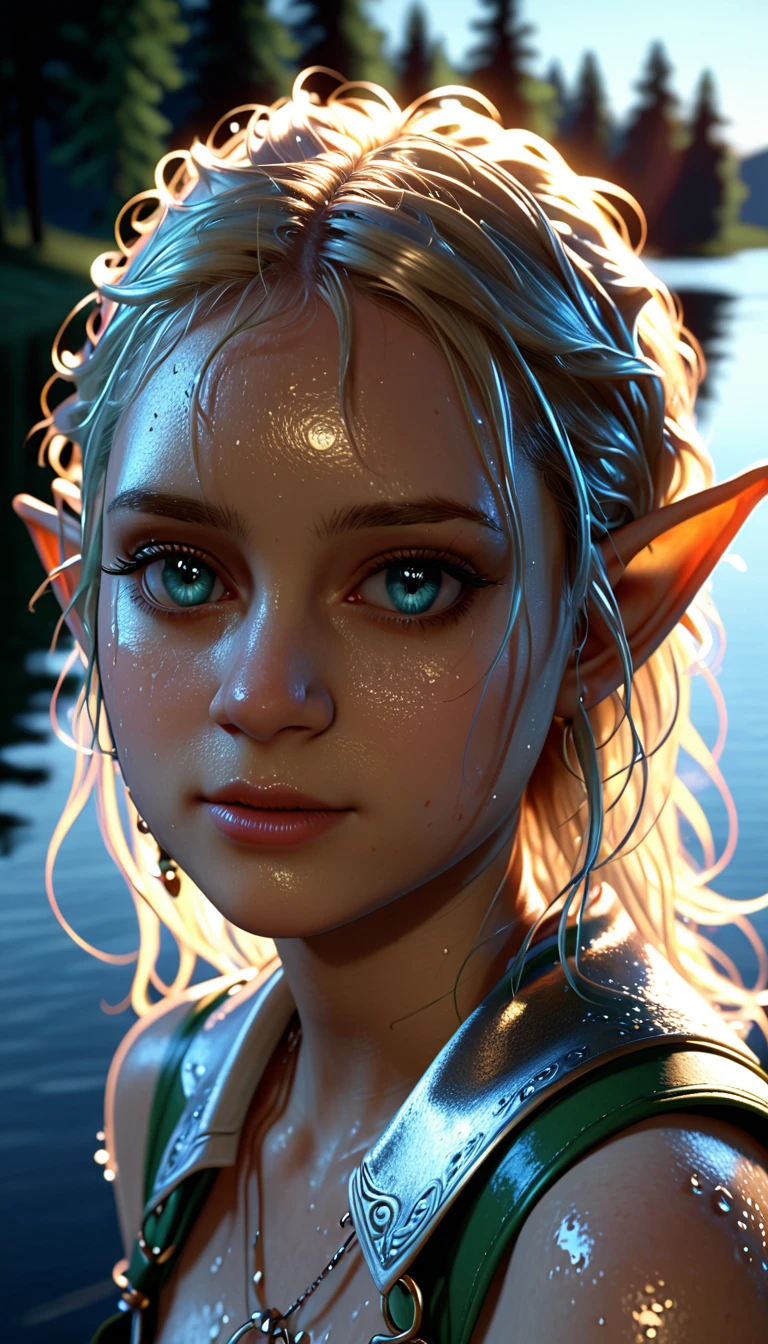 beautiful female elf，Beautiful，moonlight，lake water，wet，transparent，Real light and shadow contrast，Realistic ray tracing，True light falloff，anti-aesthetic style，Poodlepunk, flux，Snapshot aesthetic style 