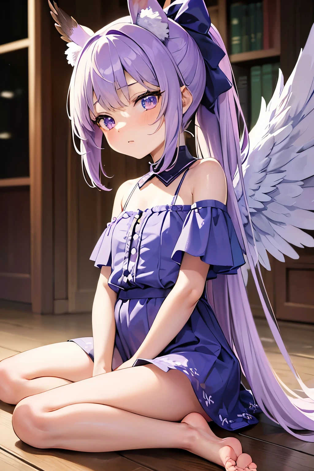 (masterpiece,best quality,ultra-detailed), a 10-years old calm anime angel. She has lavender long hair with straight bangs and high ponytails, periwinkle calm eyes, eurasian eagle-owl ears and wings, wearing a magic girl regalia, barefoot, sitting down in a calm pose, in w pose, calmly looking at the viewer