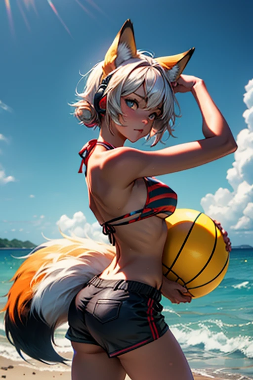 (Sports magazine cover photo.), of the highest quality, great quality, 16k, incredibly absurd, Very detailed, delicate and dynamic, natural light, Particles reflect light., diffuse light reflection., Many petals of the colors of the rainbow fall, beautiful sandy beach, shining sun, diffuse light reflection., Create amazing image effects, , Wet, perspiration, Beach volleyball, receive, close up(cute sexy girl, Suzuka Gozen. ,cat ears,yellow eyes, Painted lips, big breasts, blonde hair with pink tips, blonde, Pale skin, big breasts, pink bikini, smile)
