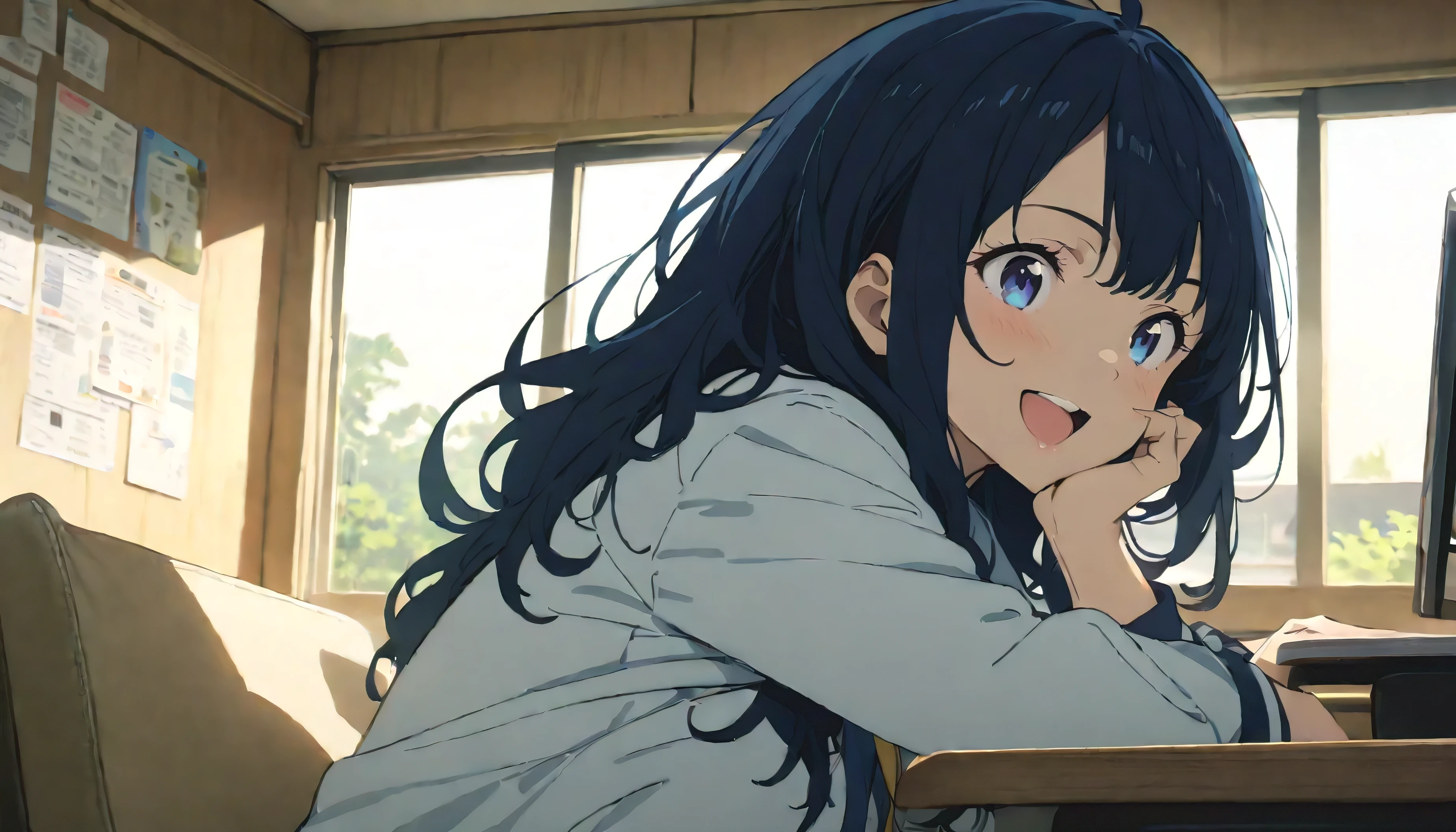 (((masterpiece))),(((best quality))),(((extremely detailed))), 1girl, solo, dark blue eyes, black hair, thick hair, long hair, double exposure, smiling, excited,study room,to study