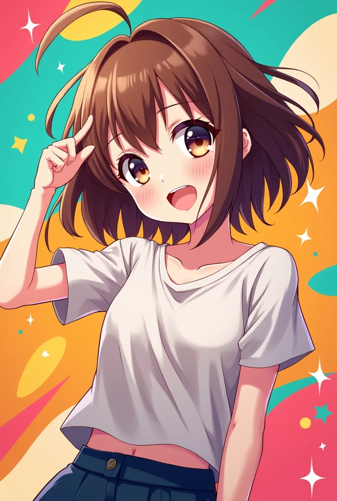 Beautiful illustration, best quality, cute girl, ((Brickwall as background)), pastel color, natural tones, ((Cute painter)), ((Brown Bangs)), ((Looking at viewer)), ((Slim body)), ((Clothes covered by paint)), ((Face with spots of paint)), ((Tanktop)), ((Black hotpants)), (Blush), bright lighting, ((Big eyes)), ((Grin)), ((Showing hands open)), ((Perfect hands))