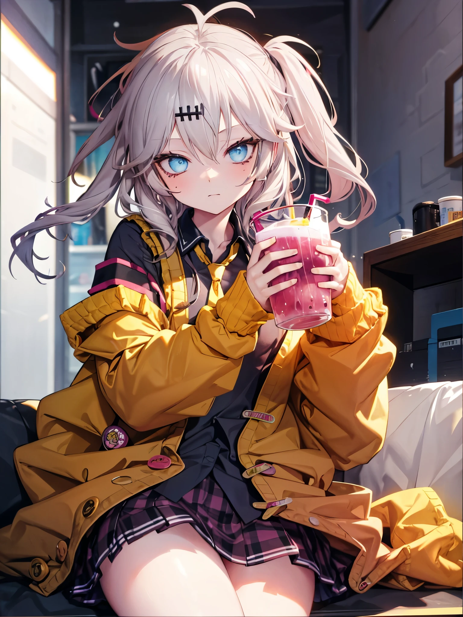 masterpiece, Best Quality, Perfect Face, Highest Resolution, Best Quality,Detailed depiction of the eyes, 8k, kasukabe tsumugi, One Girl, Black shirt, Yellow tie, Yellow cardigan, Loose socks, plaid skirt, Drink juice