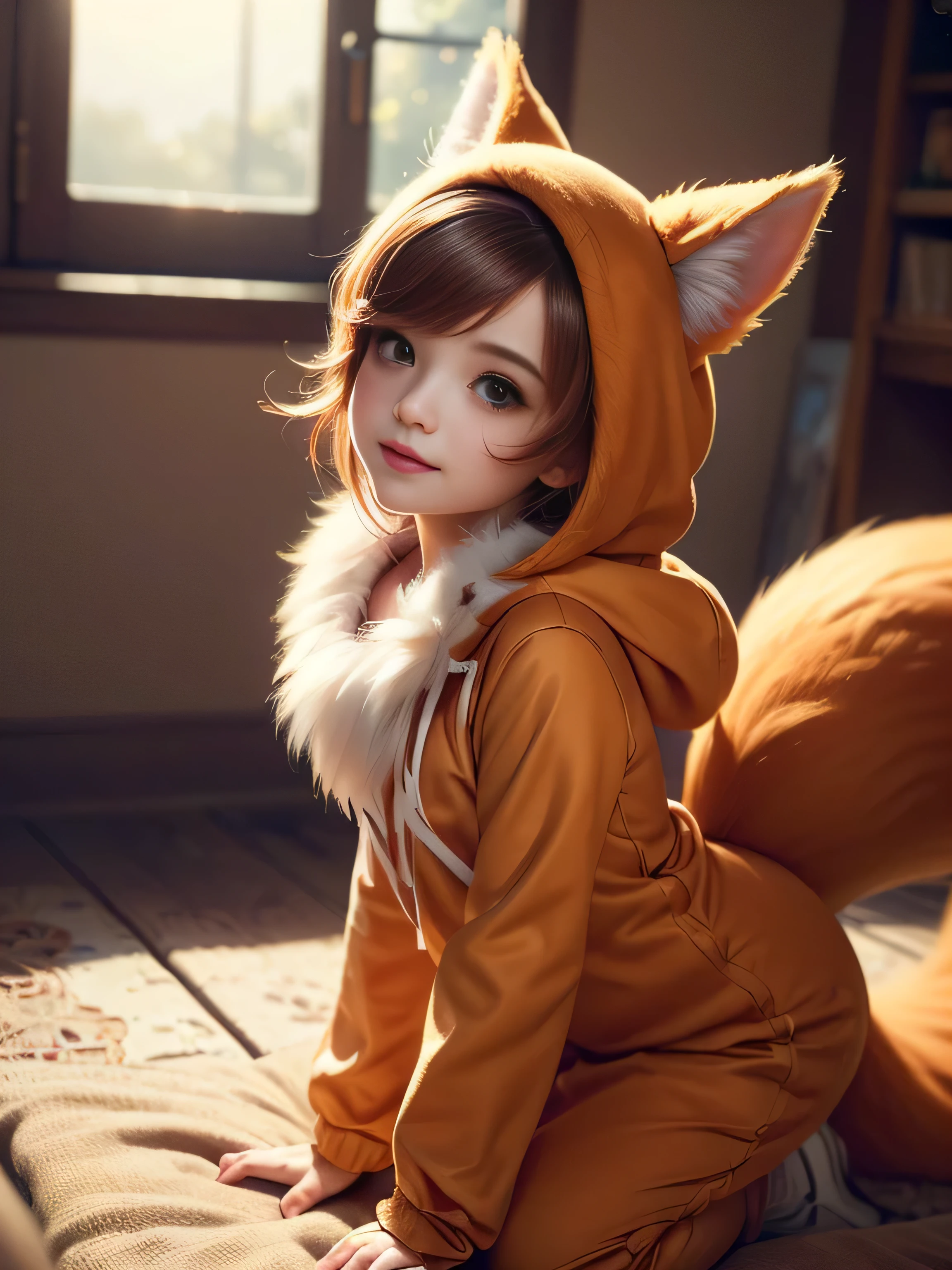 (Best Quality, Super Detailed, masterpiece, representative work, official art, professional, super high detail, 8k:1.3) Cute girl face, ginger hair, ((brown)) eyes, 1 girl, fox costume, hood, fox tail, furry, kneeling, girl dressed as furry, Vivid colors, Red hair, Innocent expressions, Playful features, Natural lighting, Soft background, Photorealistic, Shining eyes, Sharp focus, Glowing skin, Sweet and mischievous look, Hint of mischief, Dreamy atmosphere, Delicate details, soft volumetric light, (backlight:1.3), (cinematic:1.2), intricate details, (ArtStation:1.3)