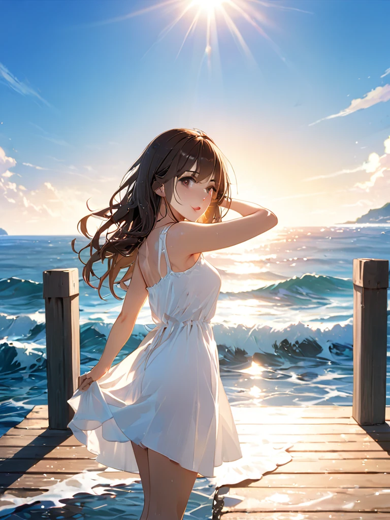 (masterpiece, best quality:1.2), illustration, anime, (wide shot), model shoot, 1girl, (show armpits , short underarm hair) , show underware, long dark hair, dark brown eyes, pretty lips, beautiful faces, beautiful eyes, white sundress, back lighting, standing on pier, (ocean, glittering water surface), waves, scenery summer pier background, vibrant color, bright sunlight, 8K, ultra HD