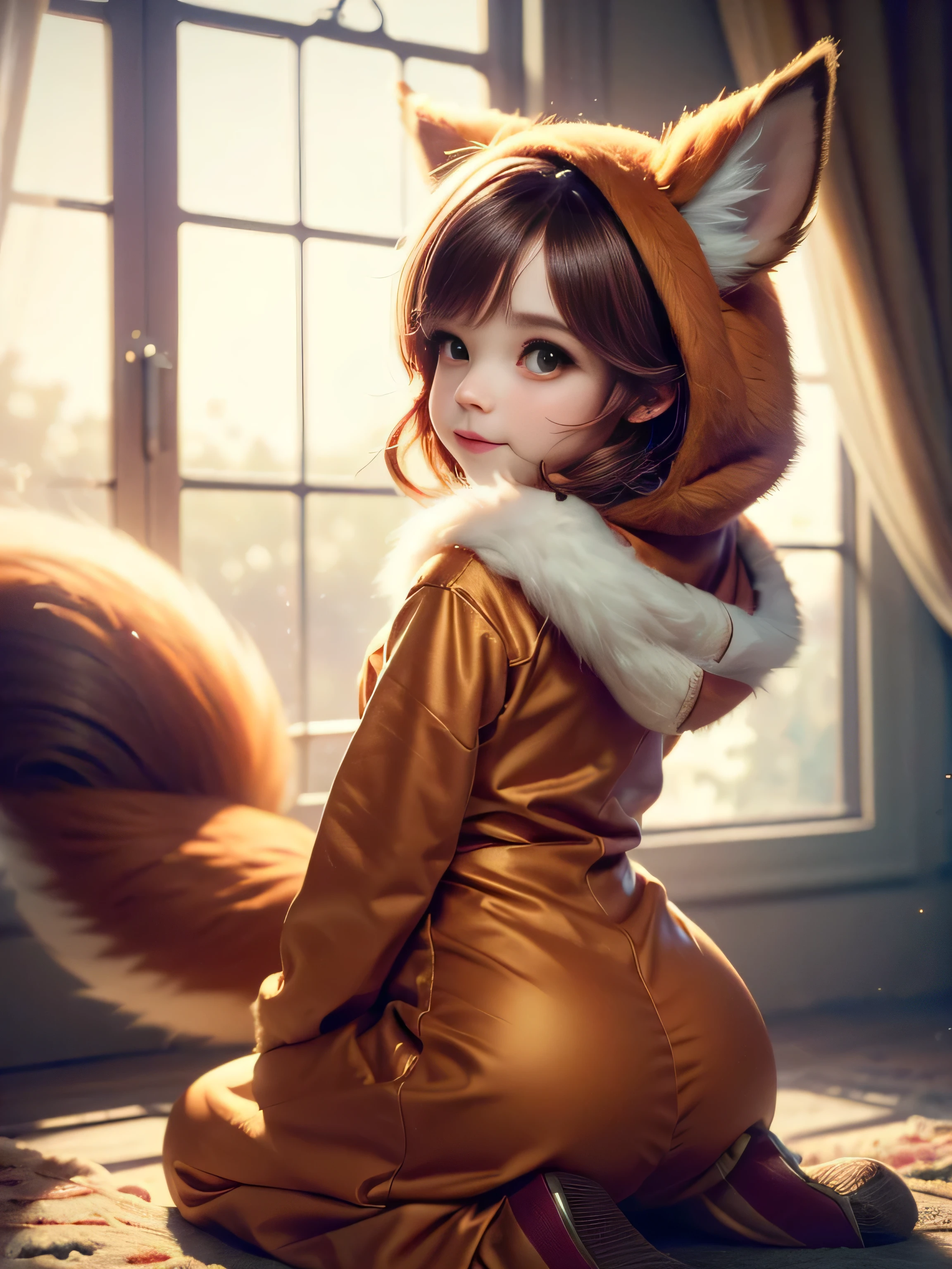 (Best Quality, Super Detailed, masterpiece, representative work, official art, professional, super high detail, 8k:1.3) Cute girl face, ginger hair, ((brown)) eyes, 1 girl, fox costume, hood, fox tail, furry, kneeling, girl dressed as furry, Vivid colors, Red hair, Innocent expressions, Playful features, Natural lighting, Soft background, Photorealistic, Shining eyes, Sharp focus, Glowing skin, Sweet and mischievous look, Hint of mischief, Dreamy atmosphere, Delicate details, soft volumetric light, (backlight:1.3), (cinematic:1.2), intricate details, (ArtStation:1.3)