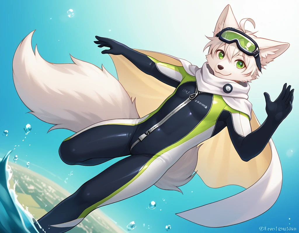 white fox,white fur,white skin,white ears,tail,green eyes,ahoge,star-shaped_pupils,
black tattoo left only,
[white scarf],green diving suit,goggles,zipper,black_Cape,