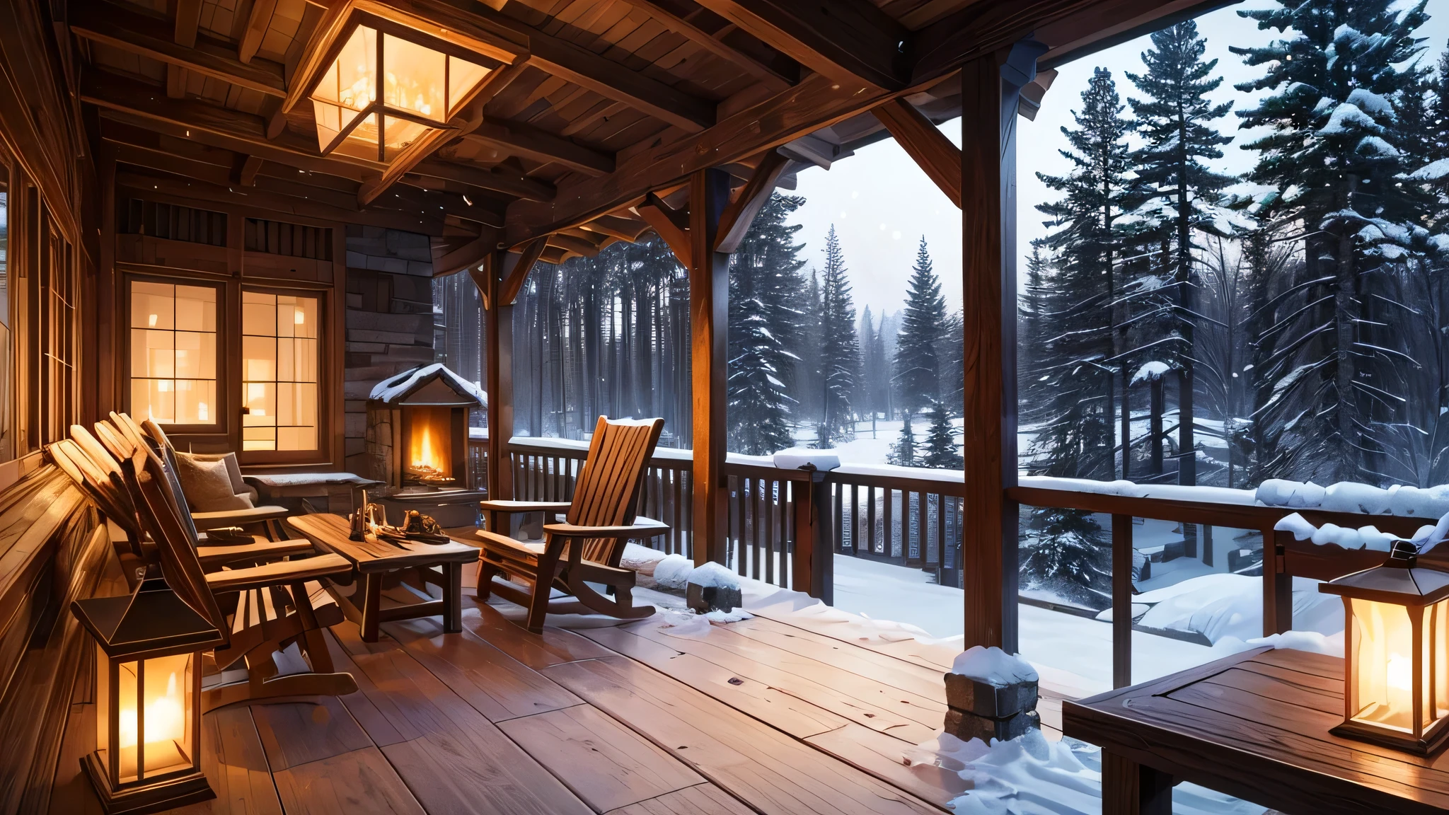 masterpiece, Highest quality, 1 naked girl, (completely nude), droopy large breasts, thighs, shiny white skin, Bright and beautiful, dark brown hair, sitting on a rocking chair, a wooden stove in a cottage, snow outside the window, no snow inside, from side