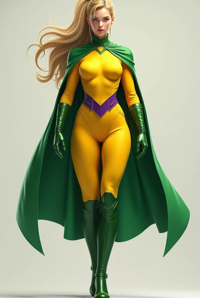 A Soviet military girl, tall, sexy, big chest, good, friendly, happy, long red hair, smooth, her brown eye, pink lip, she dresses in a green metallic top, a black patch, her chest, her waist, a yellow ribbon, and her pants, metallic green, big, thigh, sensual, big yellow boot, wearing a black Soviet winter cap. 