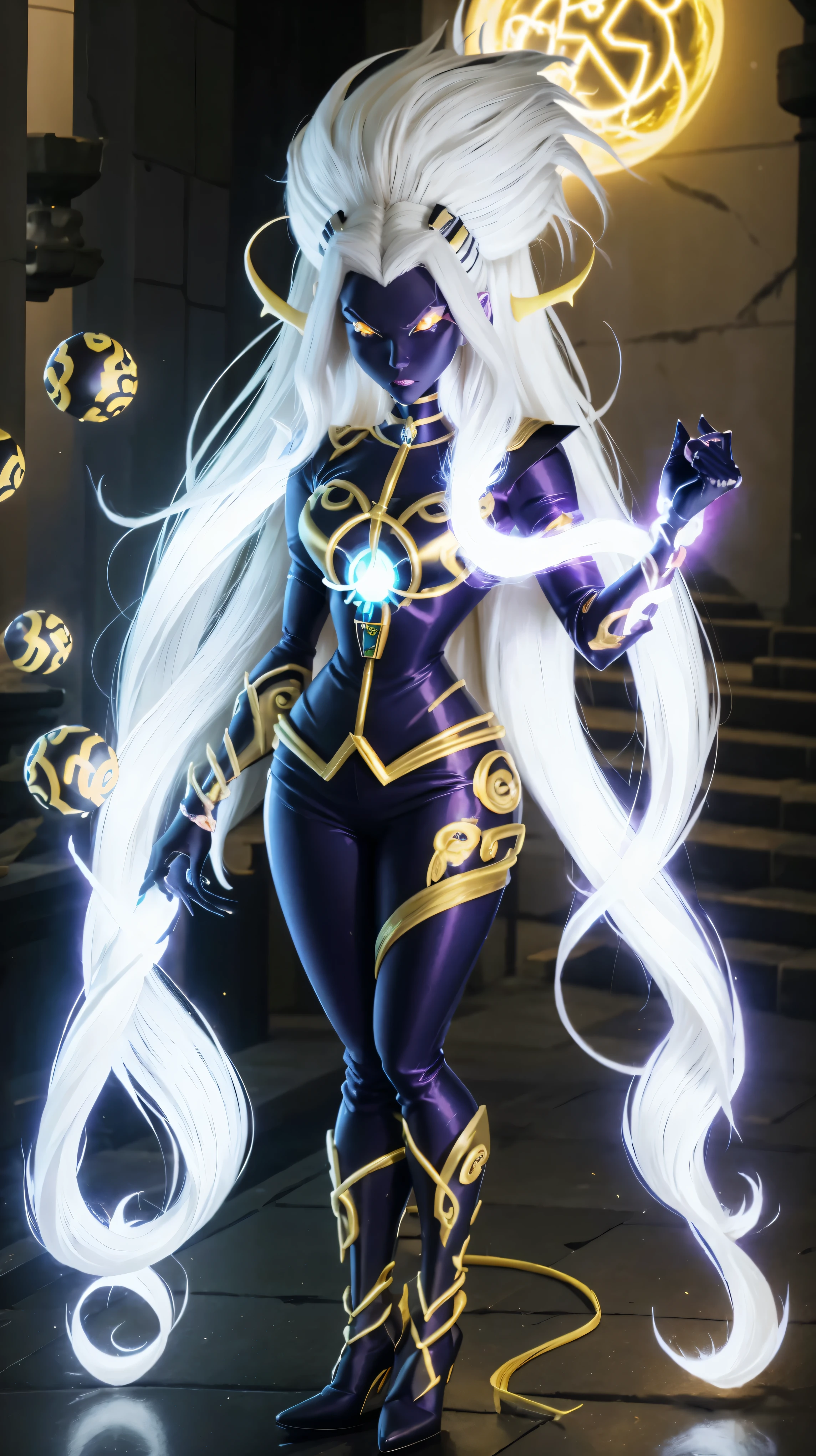 A beautiful female megatrix with long white hair and yellow eyes who wears a white kimono with gold details and has several runes running across her body in the style of Dragon Ball Z.