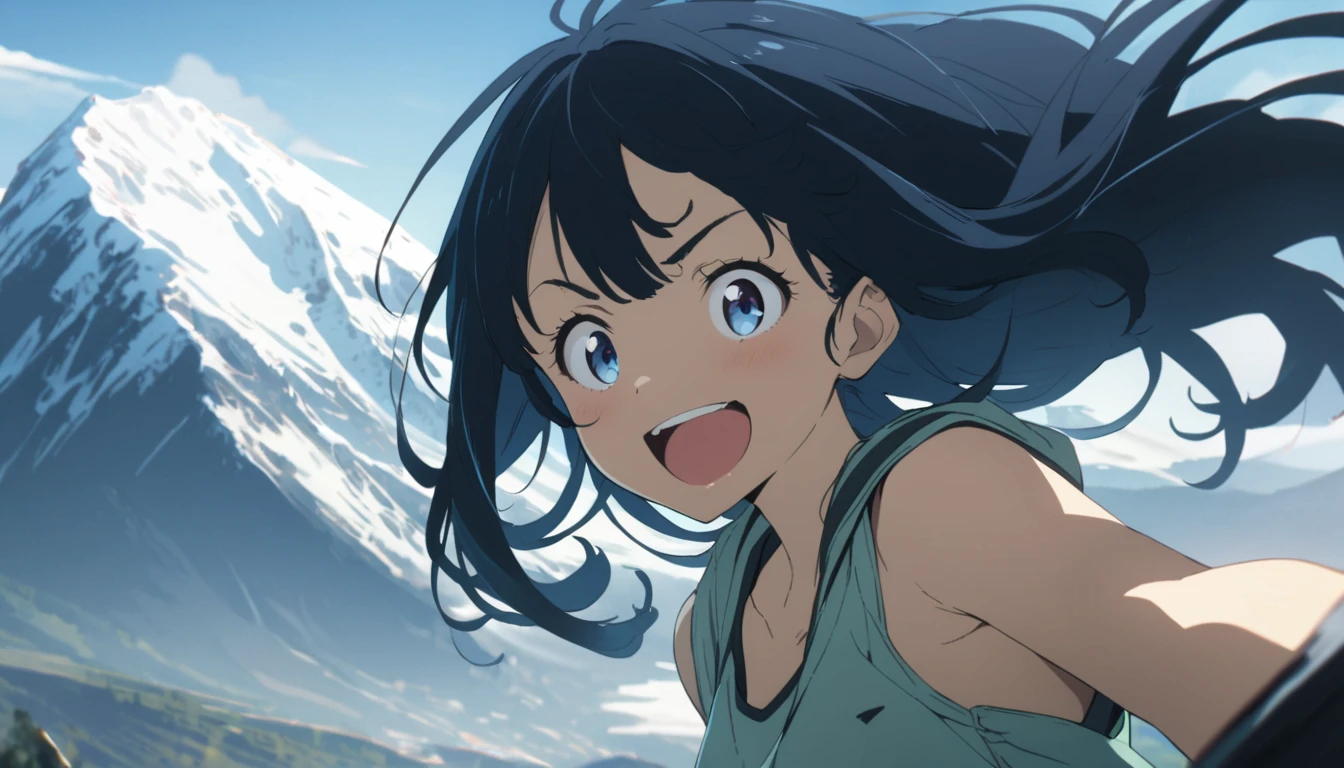 (((masterpiece))),(((best quality))),(((extremely detailed))), 1girl, solo, dark blue eyes, black hair, thick hair, long hair, double exposure, smiling, excited, pixiv contest winner, by Posuka Demizu,mountain climbing