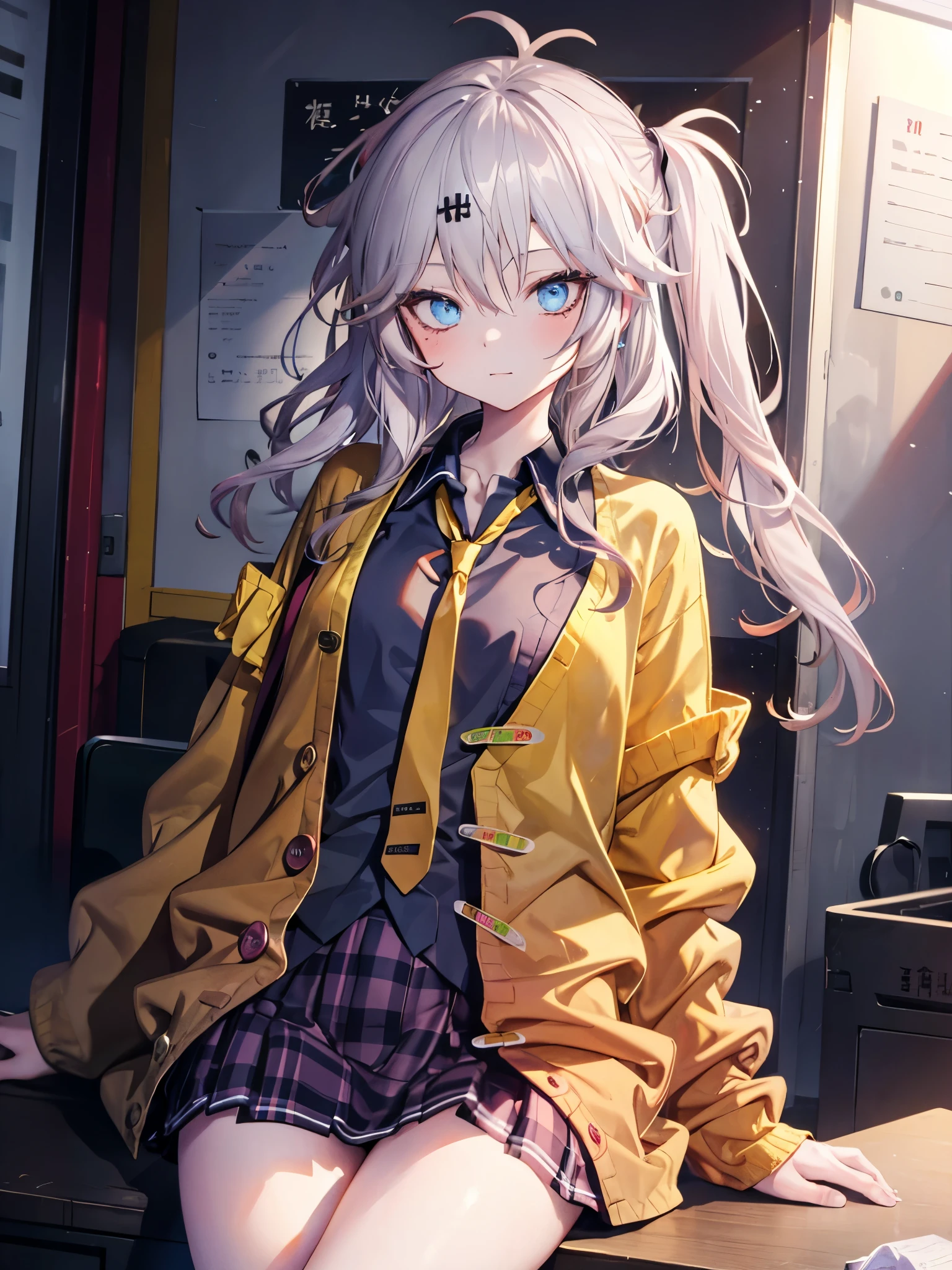 masterpiece, Best Quality, Perfect Face, Highest Resolution, Best Quality,Detailed depiction of the eyes, 8k, kasukabe tsumugi, One Girl, Black shirt, Yellow tie, Yellow cardigan, Loose socks, plaid skirt, brick pack juice