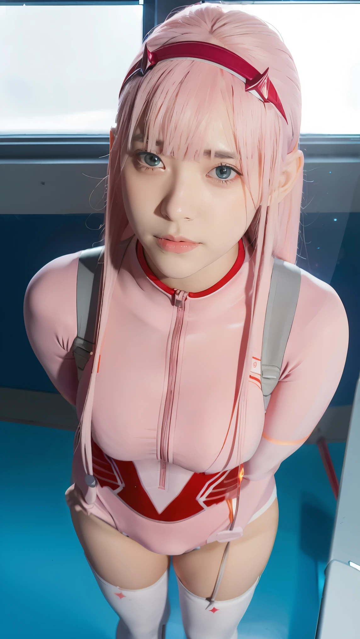 (Overhead view),dynamic angle,ultra-detailed, illustration, straight on, 1girl, ((Zero two, interface headband with a pair of horns, red bodysuit:1.4, pink hair)), Her eyes shone like dreamy stars,(glowing eyes:1.233),(beautiful and detailed eyes:1.1),(expressionless, closed mouth),(standing), (mechanic room with tools and spaceship window in a white SPACESHIP), (night:1.2), dreamy, [[delicate fingers and hands:0.55]::0.85],(detail fingers),