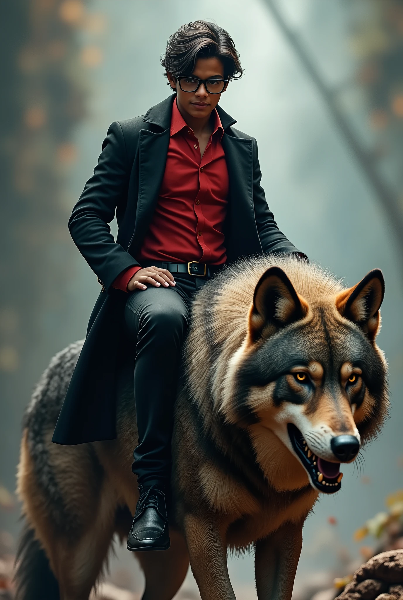 Guy Riding Wolf There is a man riding a wolf in the woods with a red shirt - SeaArt AI