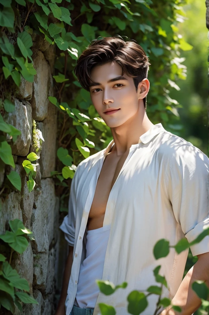 A striking tall lean handsome man with a well-sculpted body leans casually against an old stone wall, surrounded by the lush greenery of a hidden walled garden. His unbuttoned linen shirt reveals his toned abs and chest, his easy smile and sparkling eyes give him an air of both rugged charm and down-to-earth sensuality, while his sandy short hair catches the warm afternoon sun, giving him a relaxed yet sophisticated look. Ivy crawls up the stone walls behind him, and delicate flowers in shades of lavender, yellow, and white bloom all around. He holds a single wildflower in his hand, twirling it thoughtfully as a gentle breeze stirs the air, his gaze is locked on the viewers. The garden feels untouched and serene, with tall, overgrown hedges framing the scene, and his calm, thoughtful expression blends seamlessly with the peaceful atmosphere.